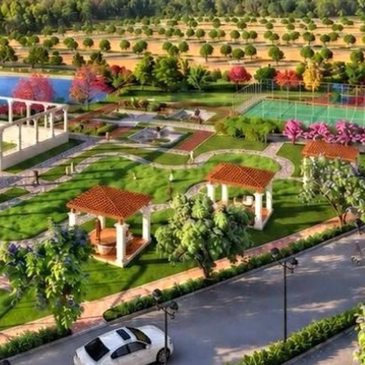 The pergola garden and gazebos in the Prestige Chapparakallu Road launch render