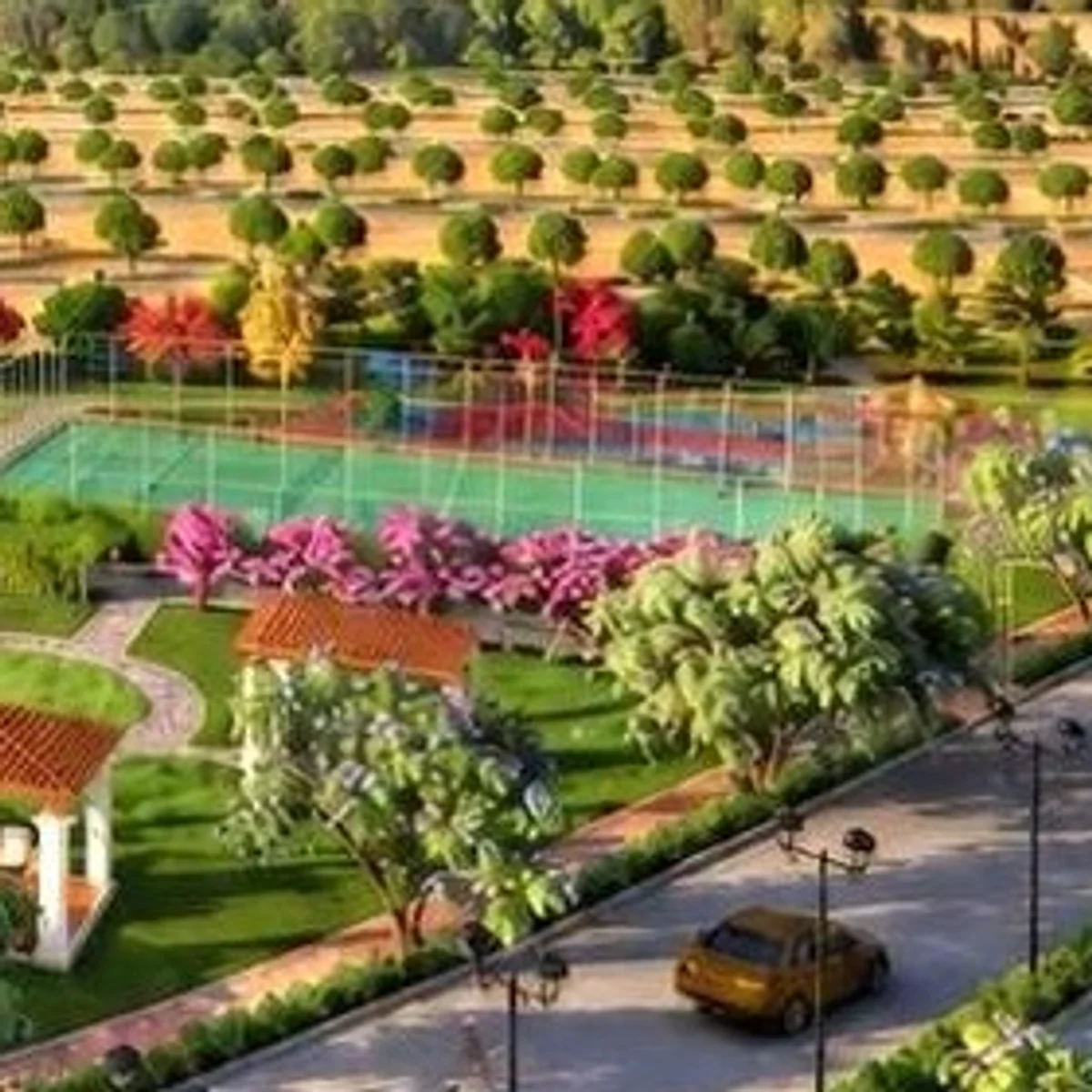 A second, green court behind a bank of pink blossom